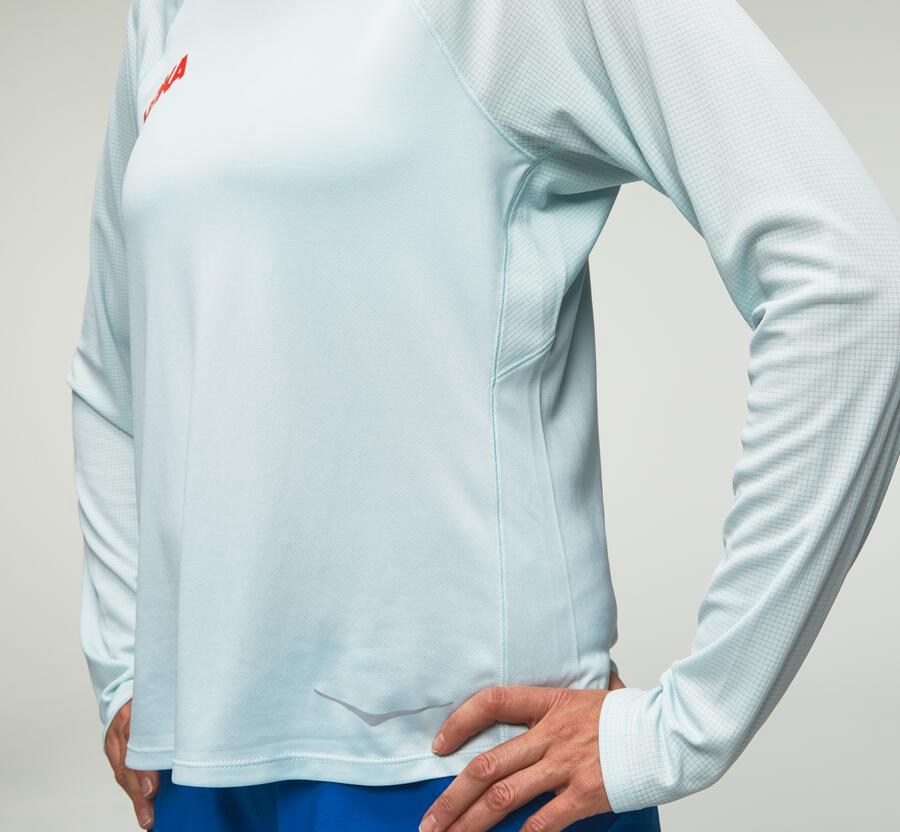 Top Hoka One One Mujer - Performance Largos Sleeve - Azules - MCX037694